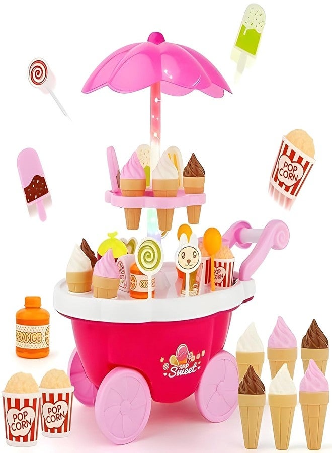 BIG FOLK BIGFOLK® Kids Ice Cream Cart Toy Set with Umbrella | Pretend Play Dessert & Popcorn Trolley | Role Play Sweet Shop Toy for Boys & Girls (3+ Years) - Image 1